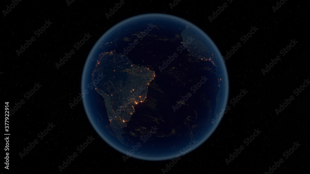 Obraz premium South America. The Night View of City Lights. Planet Earth. Political Borders of South American Countries. Super Detailed Space View. 3D Illustration.