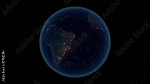 South America. The Night View of City Lights. Planet Earth. Political Borders of South American Countries. Super Detailed Space View. 3D Illustration.