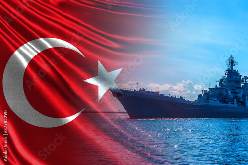 Turkish flag and warship on...