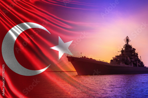 A warship on the background...