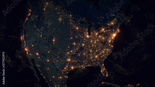 The United States of America. The Night View of City Lights. Planet Earth. Political Borders of American Countries: United States of America, Canada, Mexico. 3D Illustration.