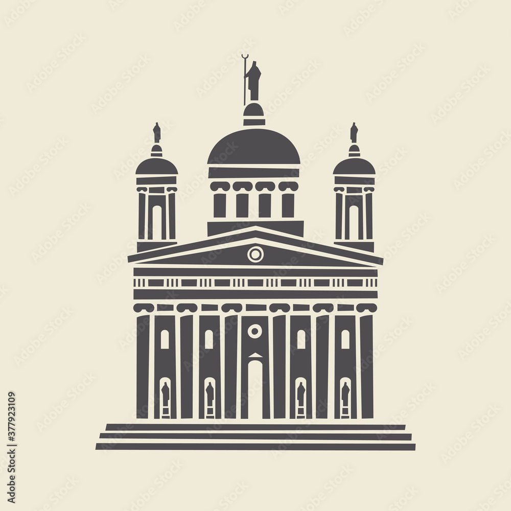 Icon or stencil of a stylized old administrative building with architectural columns, pediment and steps. Decorative vector illustration of building facade isolated on a light background