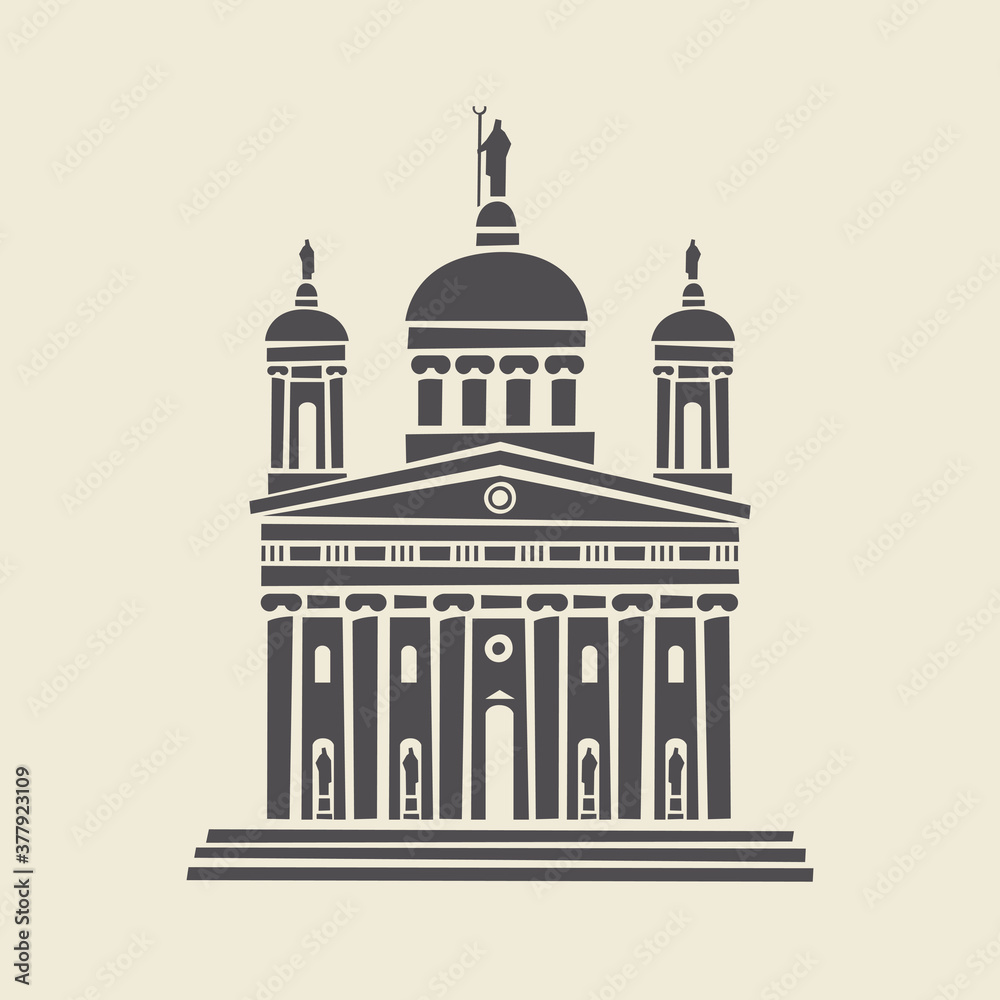 Icon or stencil of a stylized old administrative building with architectural columns, pediment and steps. Decorative vector illustration of building facade isolated on a light background Icon or stencil of a stylized old administrative building with architectural columns, pediment and steps. Decorative vector illustration of building facade isolated on a light background