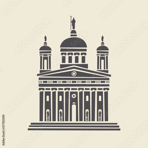 Icon or stencil of a stylized old administrative building with architectural columns, pediment and steps. Decorative vector illustration of building facade isolated on a light background