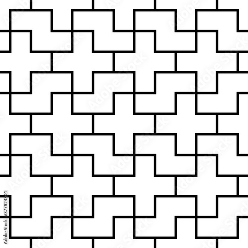 Repeated white puzzle on black background. Seamless surface pattern design with logic mosaic ornament. Tetris motif. Grid wallpaper. Digital paper for page fills, web designing, textile print. Vector.