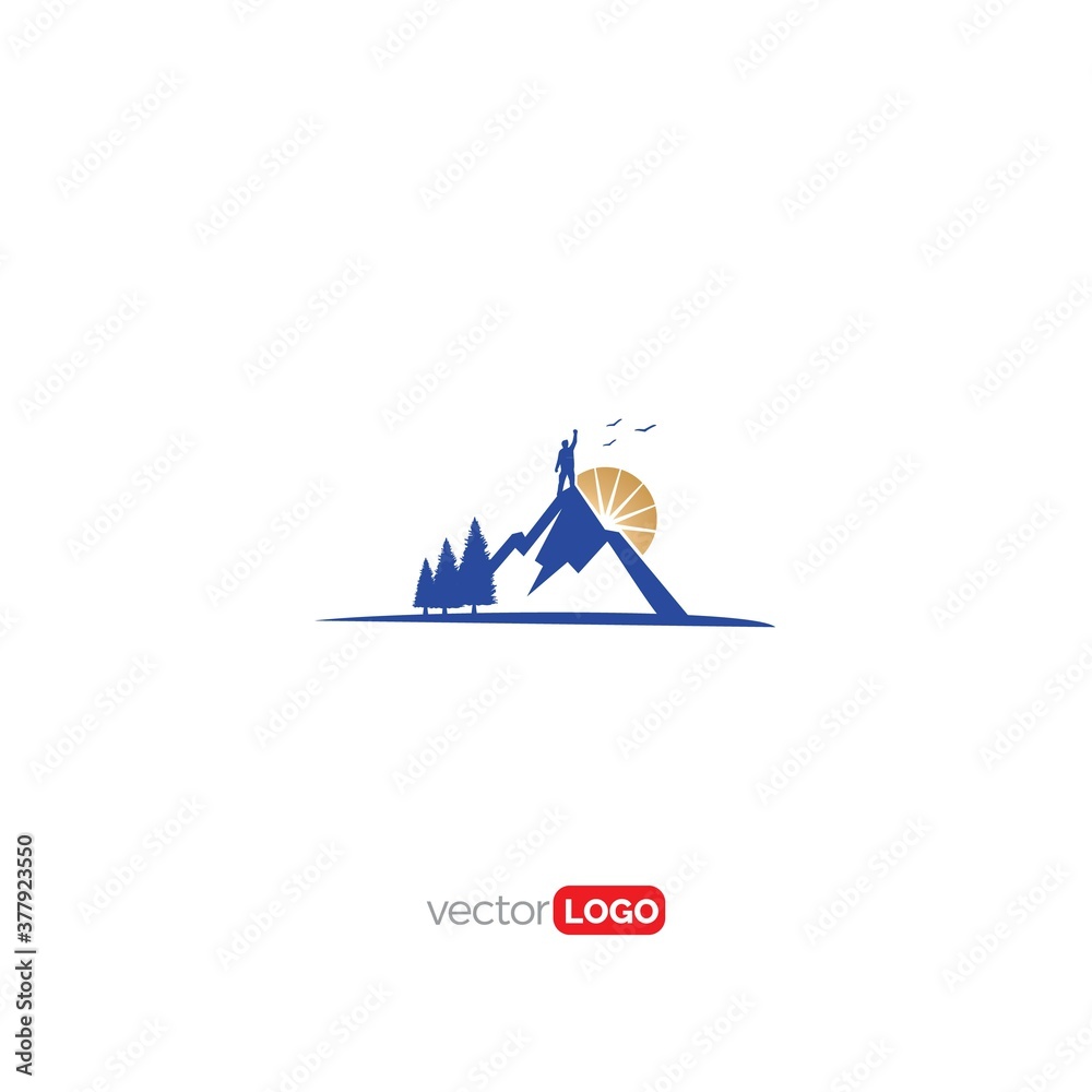 mountain and sunrise and a man at the mountaintop raising his arm Logo Design Vector Template Illustration mountain and sunrise and a man at the mountaintop raising his arm Logo Design Vector Template Illustration