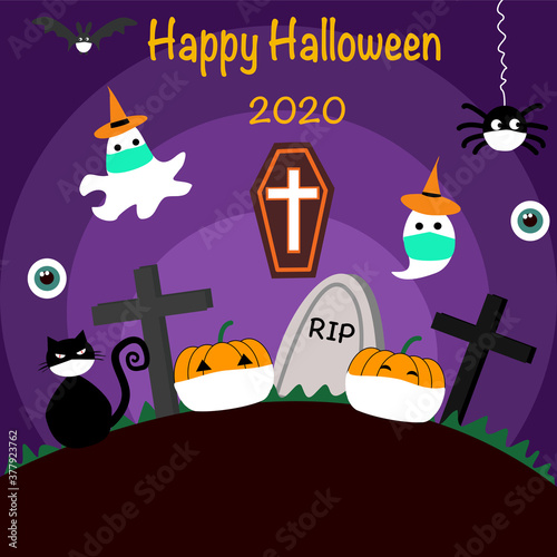 Happy Halloween 2020 Happy Halloween design elements in the COVID-19 situation.They must wear a mask on Halloween Day.Happy Halloween banner.Vector illustration.