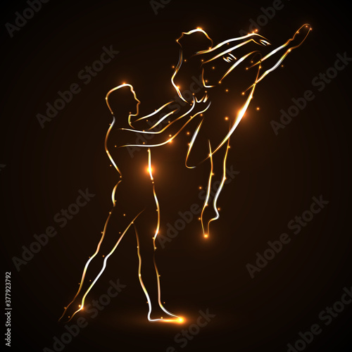 Ballet. Couple dancing ballet. Ballerina and her partner. Pair statement. Man dancer supports waist ballerina while jumping. Abstract silhouette of two dancers with golden light outline. Eps10 Vector 
