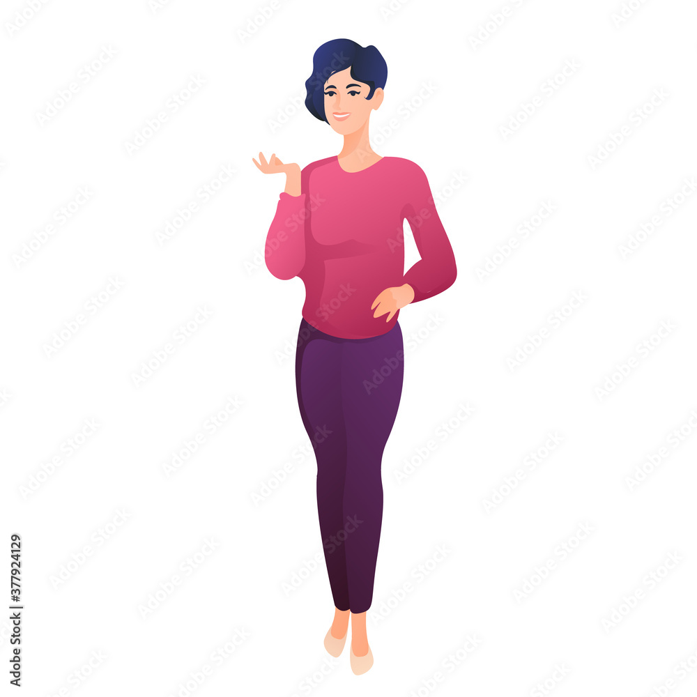 A young beautiful woman with a short haircut stands in a pink blouse and pants. The modern woman shows and tells. Online teacher concept. A young beautiful woman with a short haircut stands in a pink blouse and pants. The modern woman shows and tells. Online teacher concept.