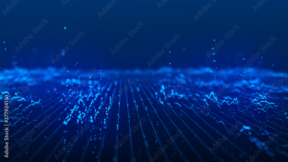 Abstract background with a dynamic wave. Wave of particles. Abstract technology flow background. Big data visualization. 3d rendering. Abstract background with a dynamic wave. Wave of particles. Abstract technology flow background. Big data visualization. 3d rendering.