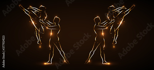 Simultaneous performance of two pairs of ballet. Two male dancers partner support for waist while performing a jump. Two ballet dancers floating in the air. Silhouette dancers with light outline.