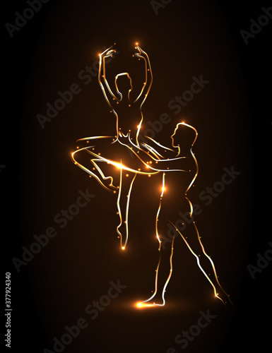 
Ballet. Ballerina and male dancer holds his partner's waist during a jump, perform pas. Abstract silhouette dancers with golden outline on a brown background. Partner ballerina lifted up in his arms.