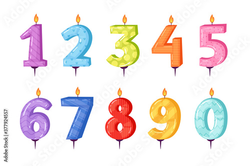 Colorful set of candles number shapes with different patterns. Cartoon anniversary celebration cake decorative elements with burning lights, for birthday and party for card design. Isolated vector set
