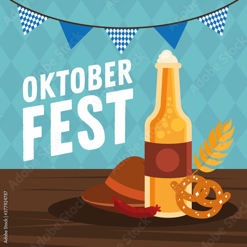 oktoberfest beer bottle pretzel sausage and hat with banner pennant vector design