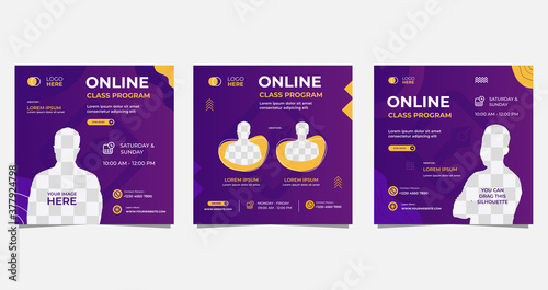 Set of social media post template for Online class program, Online Education, and other E-Learning. with Purple and Yellow background