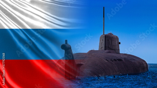 Fleet of Russia. Naval forces of the Russian Federation. Submarine on the background of the Russian flag. Equipment of the Russian army.