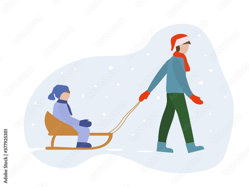 Christmas winter illustration. Father is pulling a sleigh with his son over the snow.  A man wears a cap of Santa Claus and red mittens. Vector flat design