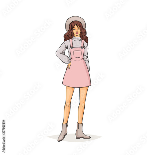 Hand drawn young fashion woman in beautiful look. Sketch drawing cute girl hipster, trendsetter or influencer with stylish outfit, dressed in trendy clothes. Vector illustration.