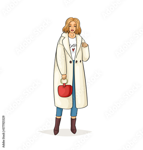 Hand drawn young fashion woman in beautiful look. Sketch drawing cute girl hipster, trendsetter or influencer with stylish outfit, dressed in trendy clothes. Vector illustration.