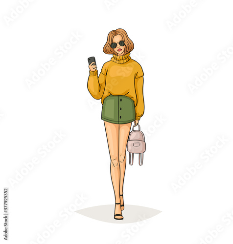 Hand drawn young fashion woman in beautiful look. Sketch drawing cute girl hipster, trendsetter or influencer with stylish outfit, dressed in trendy clothes. Vector illustration.