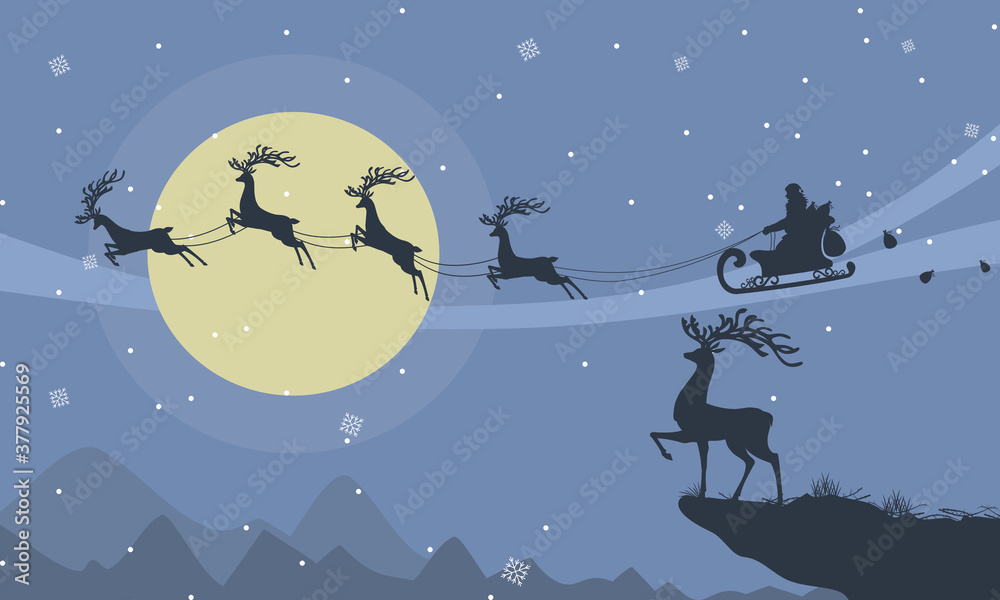 Silhouette of Santa Claus and reindeer float in the sky have a full ...