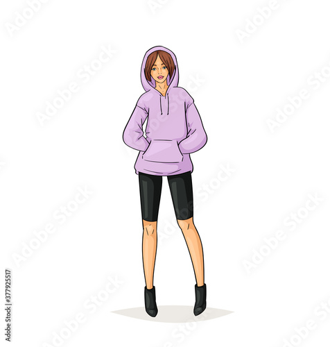 Hand drawn young fashion woman in beautiful look. Sketch drawing cute girl hipster, trendsetter or influencer with stylish outfit, dressed in trendy clothes. Vector illustration.
