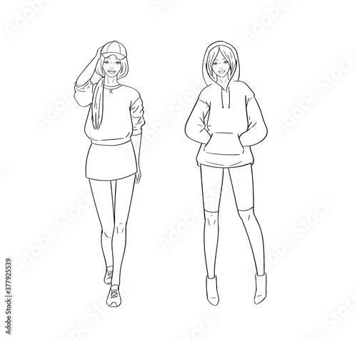 Hand drawn young fashion women in beautiful look. Sketch drawing cute girls hipsters, trendsetters or influencers with stylish outfit, dressed in trendy clothes. Outline vector illustration, doodle