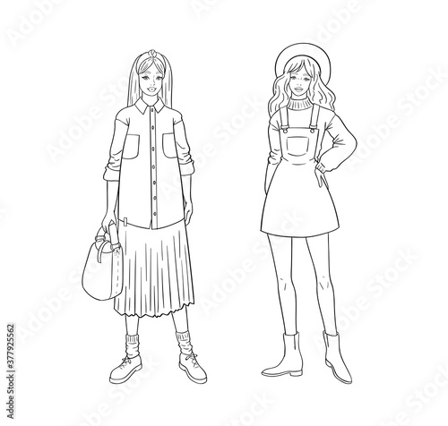 Hand drawn young fashion women in beautiful look. Sketch drawing cute girls hipsters, trendsetters or influencers with stylish outfit, dressed in trendy clothes. Outline vector illustration, doodle