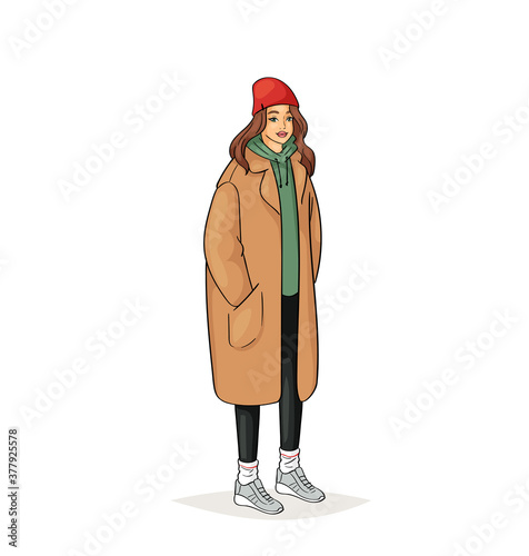 Hand drawn young fashion woman in beautiful look. Sketch drawing cute girl hipster, trendsetter or influencer with stylish outfit, dressed in trendy clothes. Vector illustration.