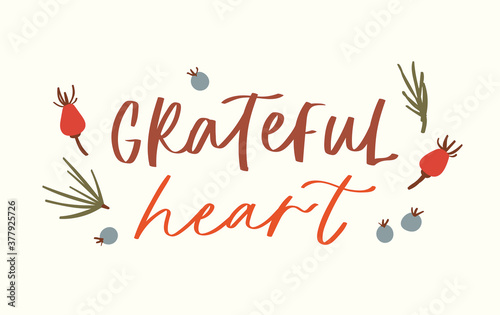Lettering happy thanksgiving phrase handwritten with calligraphic font and decorated by autumn leaves, mushroom. Colorful seasonal vector illustration quote for holiday greeting card, postcard, poster