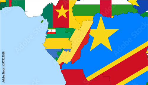 Center the map of Republic of the Congo. Vector maps showing Congo and neighboring countries. Flags are indicated on the country maps, the most recent detailed drawing.