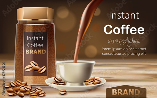 Glass jar with instant arabica coffee with roasted beans around it and a cup with liquid pouring from top. Place for text