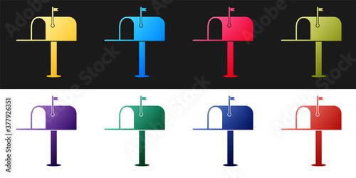 Set Open mail box icon isolated on black and white background. Mailbox icon. Mail postbox on pole with flag. Vector.