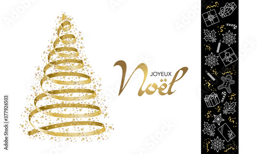 2021- carte de vœux fond blanc et bande noire avec un arbre de Noël spirale et des objets de Fête de fin d’année - texte français - traduction : joyeux Noël. 