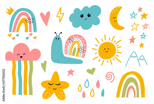Scandinavian Cute Smiling Moon, Cloud, Star, Rainbow, Sun