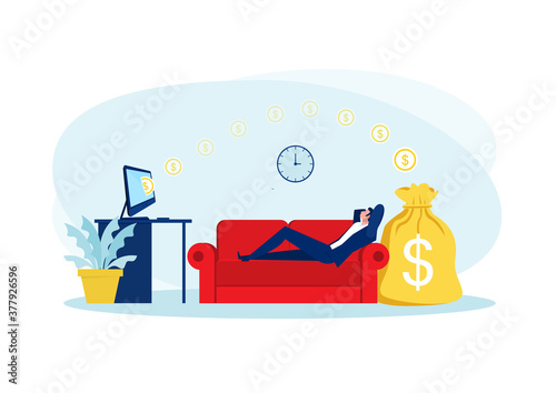 businessman sitting on sofa , relaxing and making money passively. Finance, investment, wealth, passive income.concept work office