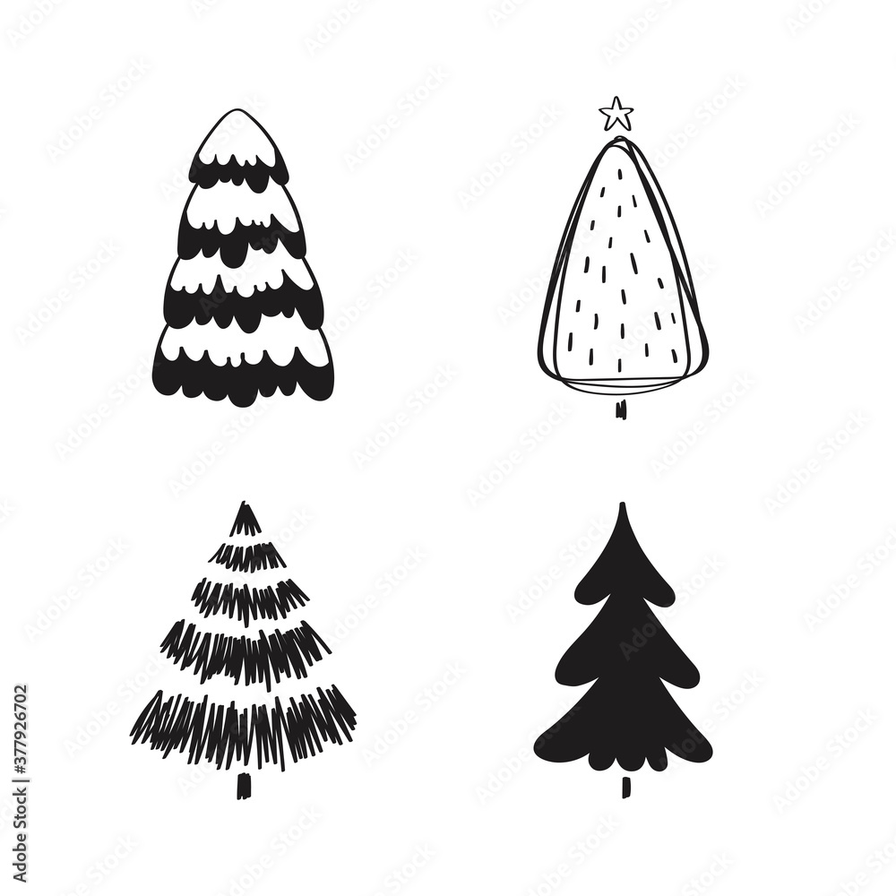 Set of hand drawn doodle Christmas trees. Vector illustration collection of Christmas Eve winter background use for greeting cards, posters, wrapping paper, banners, wallpaper. Isolated black on white Set of hand drawn doodle Christmas trees. Vector illustration collection of Christmas Eve winter background use for greeting cards, posters, wrapping paper, banners, wallpaper. Isolated black on white