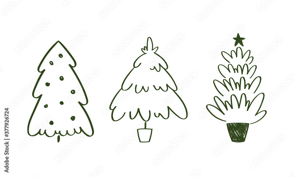 Set of hand drawn doodle Christmas trees. Vector illustration collection of Christmas Eve winter background use for greeting cards, posters, wrapping paper, banners, wallpaper. Isolated black on white Set of hand drawn doodle Christmas trees. Vector illustration collection of Christmas Eve winter background use for greeting cards, posters, wrapping paper, banners, wallpaper. Isolated black on white