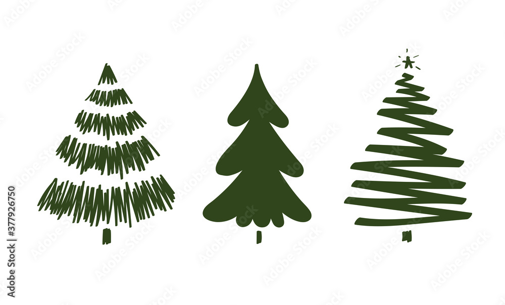 Set of hand drawn doodle Christmas trees. Vector illustration collection of Christmas Eve winter background use for greeting cards, posters, wrapping paper, banners, wallpaper. Isolated black on white Set of hand drawn doodle Christmas trees. Vector illustration collection of Christmas Eve winter background use for greeting cards, posters, wrapping paper, banners, wallpaper. Isolated black on white