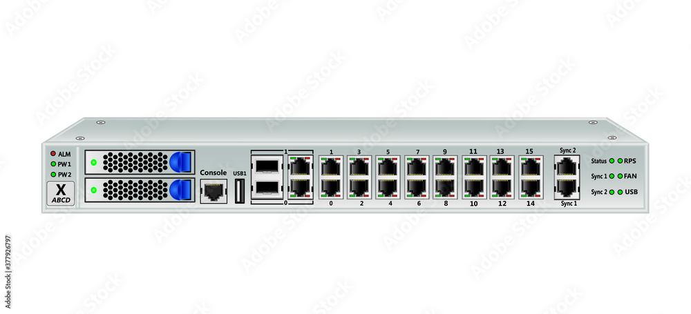 Trunking gateway E1, SIP with control system. Has 2 hard drives, 2 SFP ports, 2 Ethernet ports (RJ45), 16 E1 ports (RJ45), 2 sync ports. Vector illustration.
