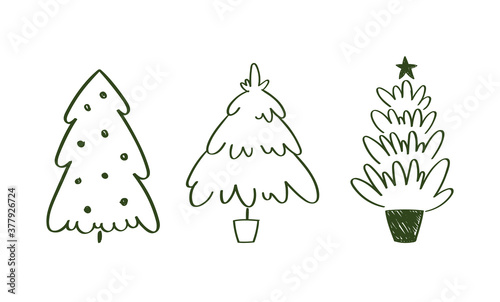 Set of hand drawn doodle Christmas trees. Vector illustration collection of Christmas Eve winter background use for greeting cards, posters, wrapping paper, banners, wallpaper. Isolated black on white