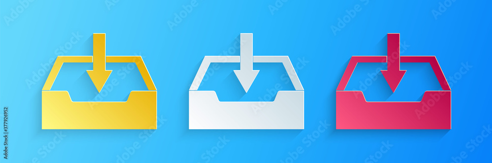 Paper cut Download inbox icon isolated on blue background. Paper art style. Vector. Paper cut Download inbox icon isolated on blue background. Paper art style. Vector.