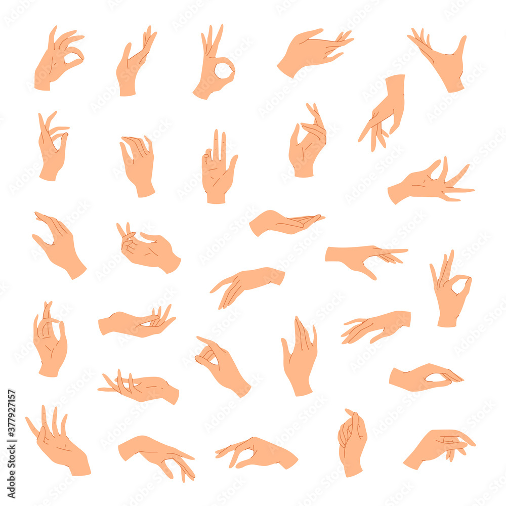 Big set of various gestures isolated on white background. Vector illustration of black female hands in a realistic poses, modern elegant thin liner style. Design elements, icons, logos, emblems, signs Big set of various gestures isolated on white background. Vector illustration of black female hands in a realistic poses, modern elegant thin liner style. Design elements, icons, logos, emblems, signs
