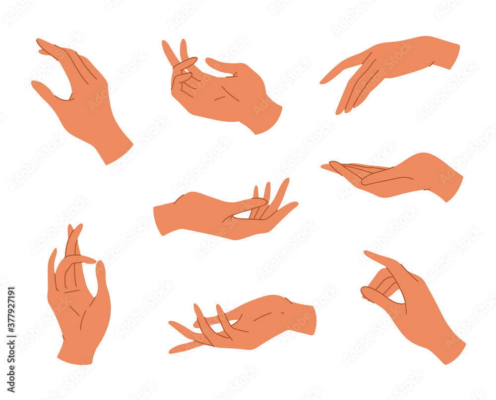 Big set of various gestures isolated on white background. Vector illustration of black female hands in a realistic poses, modern elegant thin liner style. Design elements, icons, logos, emblems, signs