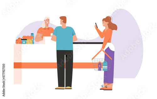 Customers at cashier desk in supermarket, people buying food at grocery