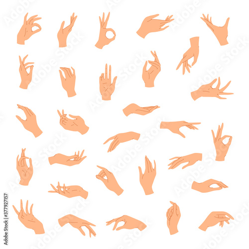 Big set of various gestures isolated on white background. Vector illustration of black female hands in a realistic poses, modern elegant thin liner style. Design elements, icons, logos, emblems, signs