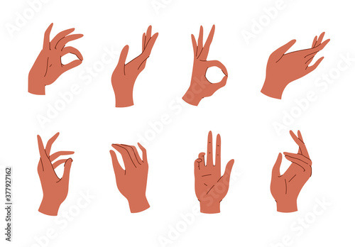 Big set of various gestures isolated on white background. Vector illustration of black female hands in a realistic poses, modern elegant thin liner style. Design elements, icons, logos, emblems, signs