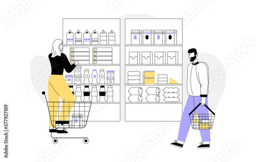 Vector character illustration of customers at supermarket in graphic linear style