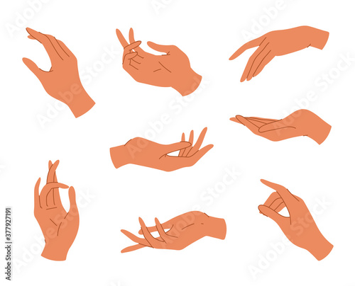 Big set of various gestures isolated on white background. Vector illustration of black female hands in a realistic poses, modern elegant thin liner style. Design elements, icons, logos, emblems, signs