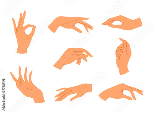 Big set of various gestures isolated on white background. Vector illustration of female hands in a realistic poses, modern elegant thin liner style. Design elements, icons, logos, emblems, signs